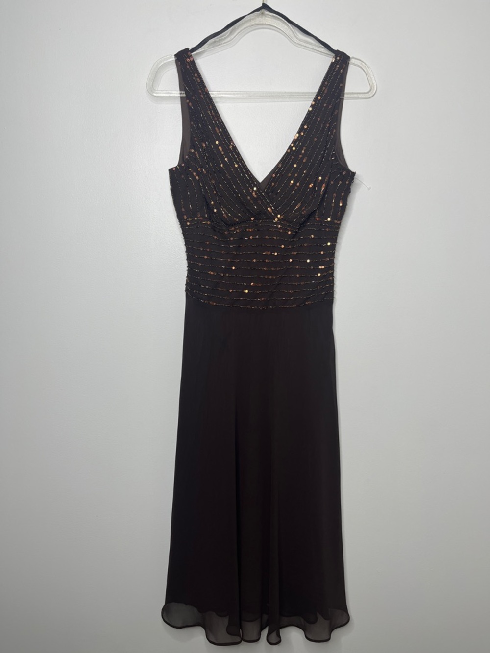 SL Fashions Brown Midi Dress with Gold Sequin Bodice Sz 10